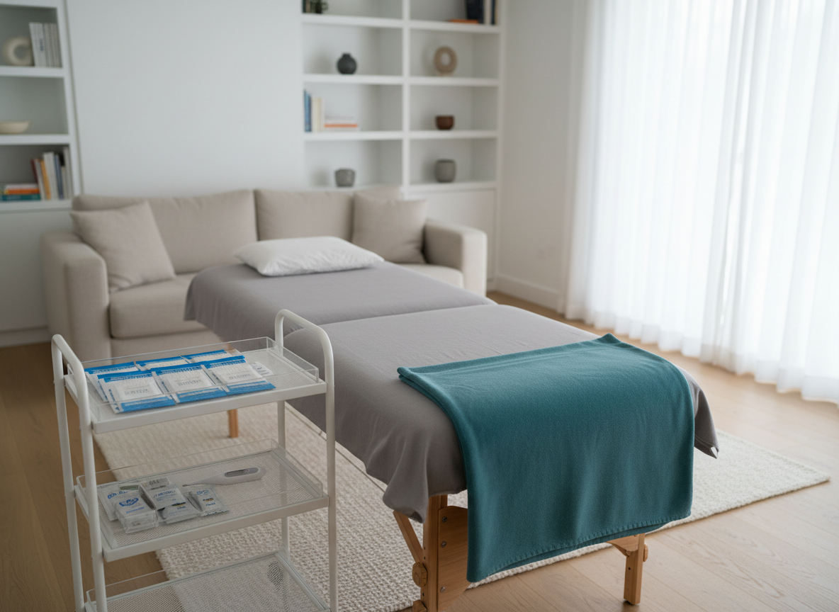A neatly arranged in-home acupuncture setup focused on a professional-grade portable treatment table with a soft, pale gray cover and a folded plush teal blanket at the foot. A small rolling cart nearby holds organized trays of individually wrapped, sterile acupuncture needle packages, a digital thermometer, and alcohol swab packets. The setting is a bright, modern living room with light wood floors and a simple area rug, a large window letting in diffused afternoon daylight through sheer white curtains. The mood is calm, clinical yet comforting, with photographic realism. Shot at eye level with a gentle depth of field, the foreground table in crisp focus while the background sofa and bookshelves blur softly, conveying trust, professionalism, and in-home care.