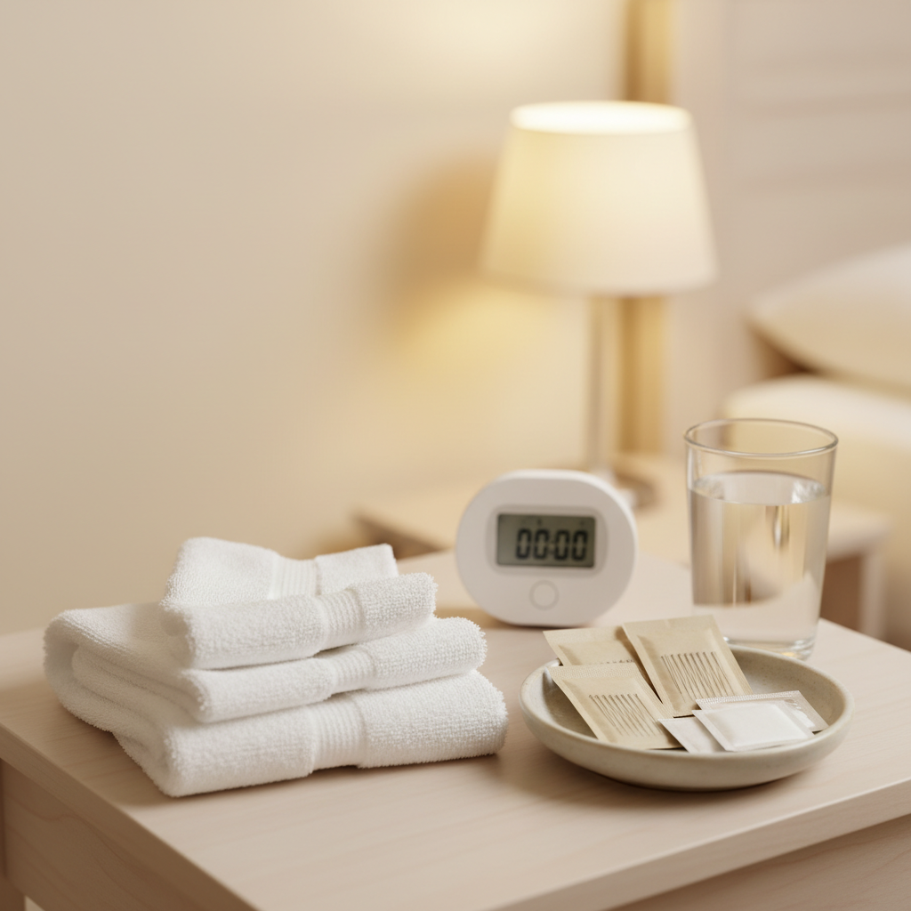 A close-up, photographic realism image of a smooth, folded white cotton towel resting on a light wood side table, beside a small ceramic dish containing neatly arranged, unopened sterile acupuncture needle sleeves and alcohol prep pads. A glass of clear water and a minimalist, battery-powered timer sit nearby. The environment suggests an in-home setting, with a blurred background of a softly lit bedroom wall and a partially visible bedside lamp casting warm, diffused light. The composition is intimate and centered, captured from a slightly elevated angle, with a shallow depth of field that highlights cleanliness, safety, and meticulous preparation, creating a serene, reassuring atmosphere suitable for oncology symptom relief care.
