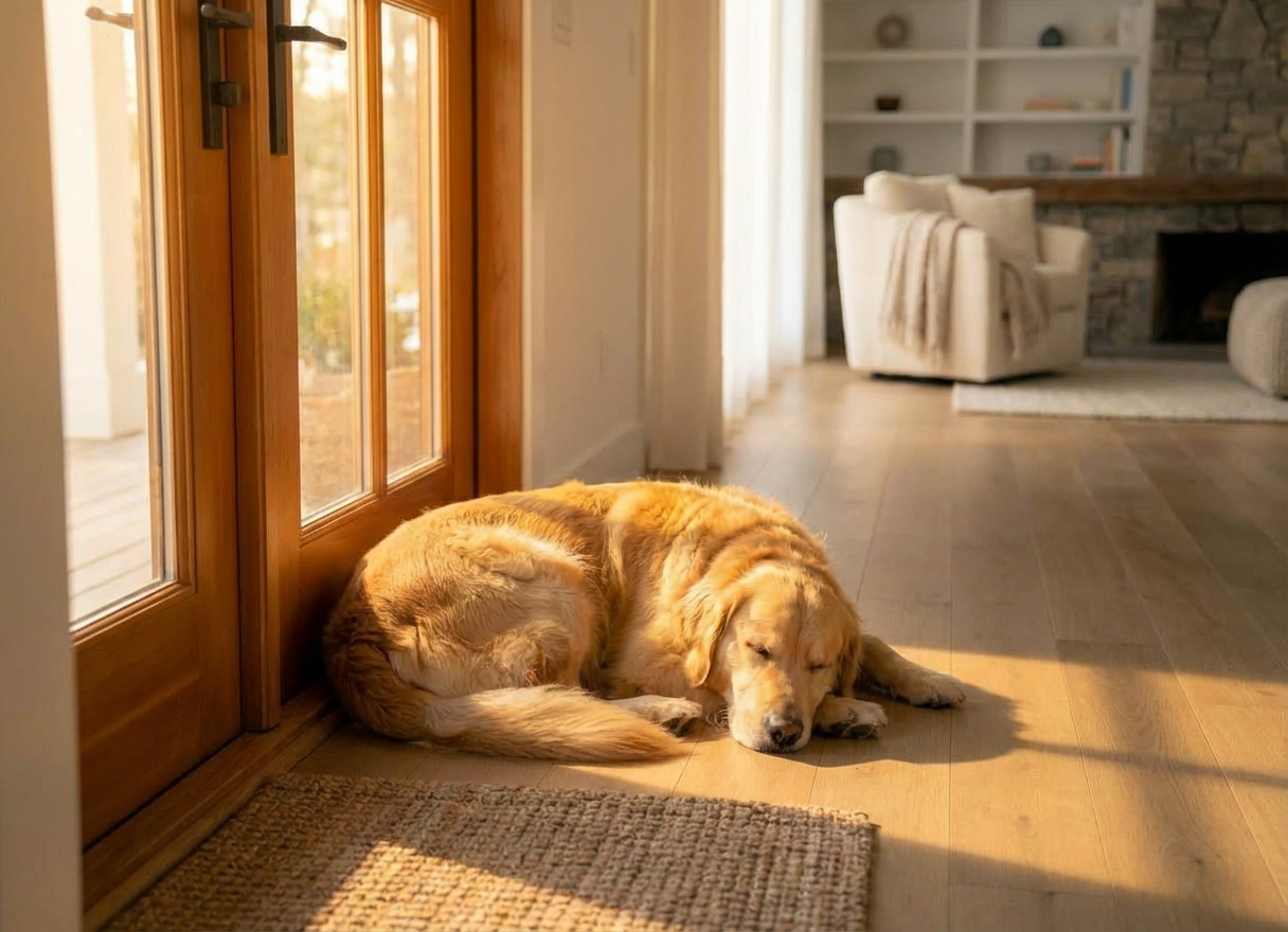 Golden retriever napping in afternoon sunlight Golden retriever curled up asleep on a sunlit hardwood floor near a glass door.