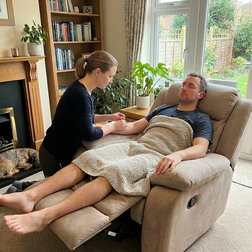 Professional home acupuncture session for wellness A woman performs acupuncture on a man reclining in a chair in a home living room.