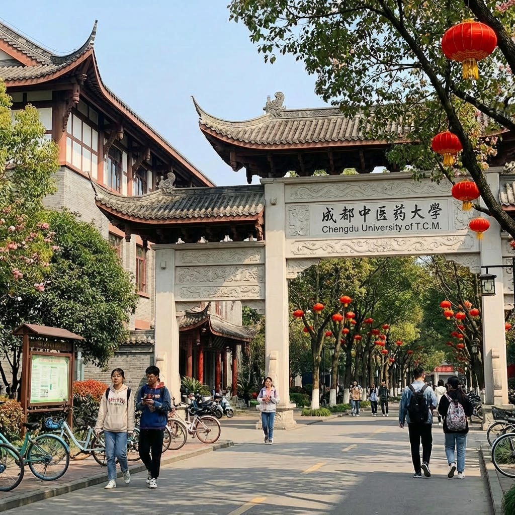 Traditional entrance gate of Chengdu University Traditional stone gate entrance to Chengdu University of Chinese Medicine with students walking by.